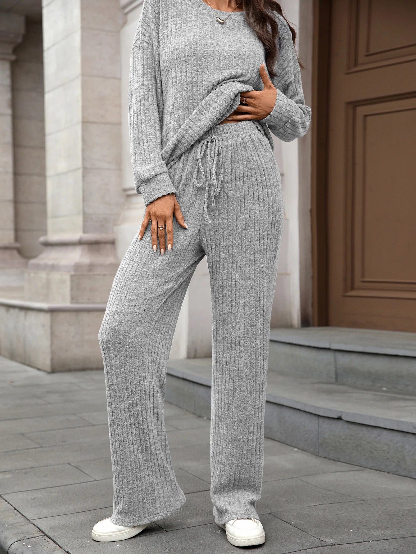 2-piece Set of Women's clothing 2025 new round neck knitted casual long sleeved Tops and long Pants home Suit