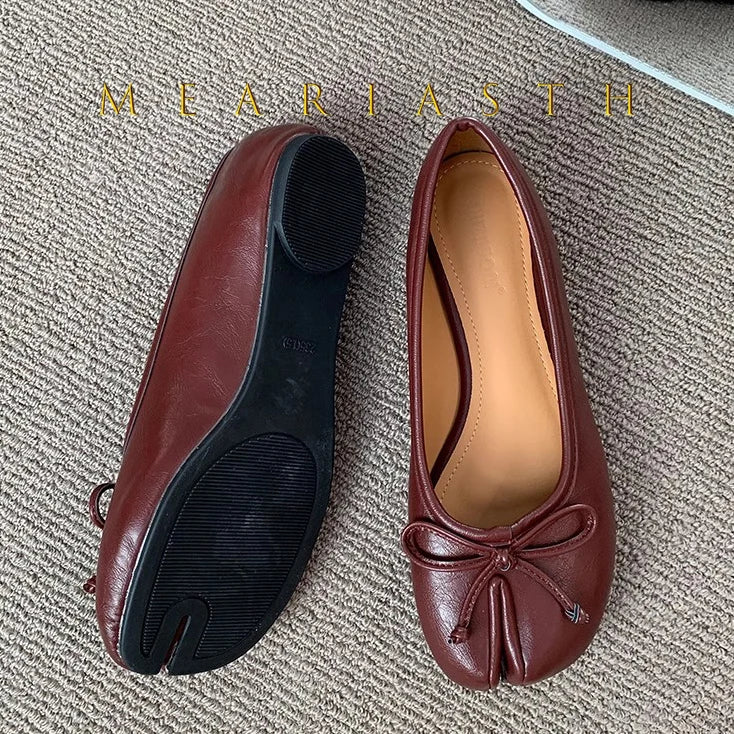 Tabi Shoes Ballet Falts Leather Ballerina Shoes For Women Split Toe Flats Tabi Shoes Slip On Soft Bottom Moccasins with Bowknot
