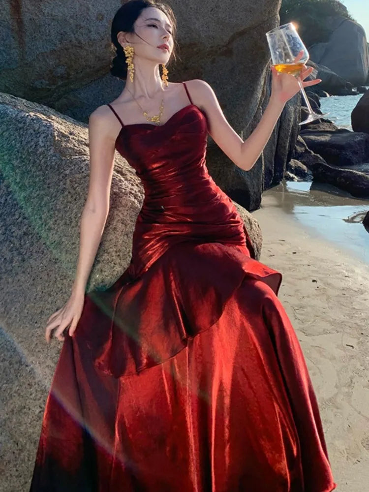 Elegant Ruffle Womens Dresses Sexy Spaghetti Strap Evening Birthday Party Dress Wedding Prom Vestidos Long Robe Female Clothing