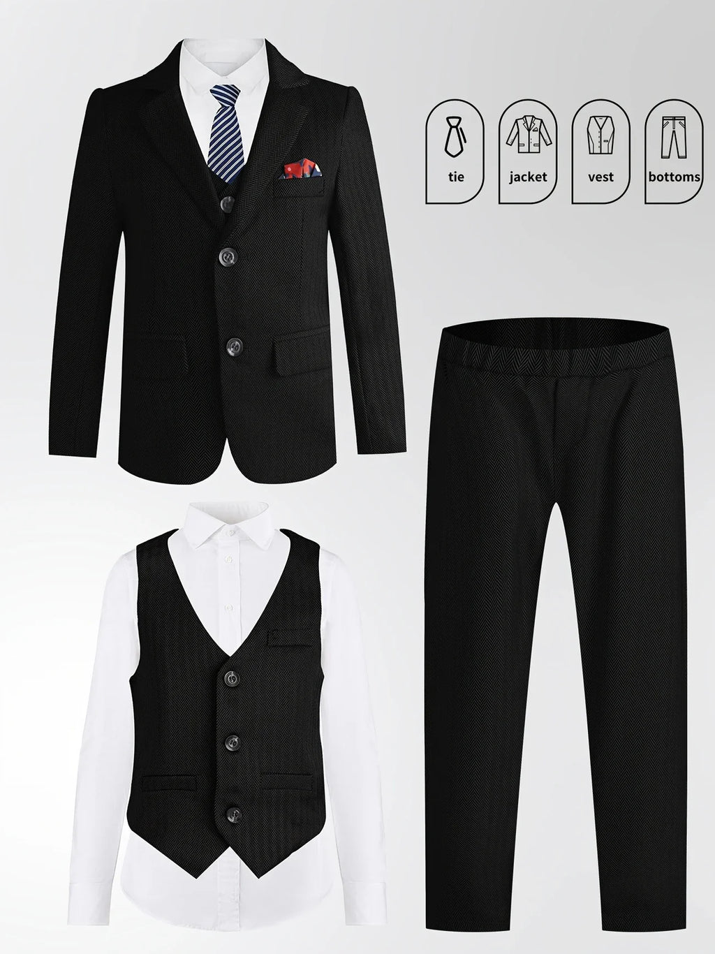 Gentleman Kids Spring White 4Pieces/Set Jacket Vest Pants Bowtie 4Pieces Wedding Suit Boys Photography Dress Children Costume