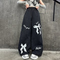 Children Black Casual Pants With Lace Bow For Girls Spring Fashion Lace Tousers Kids Loose Casual Wide Leg Sweatpants Streetwear