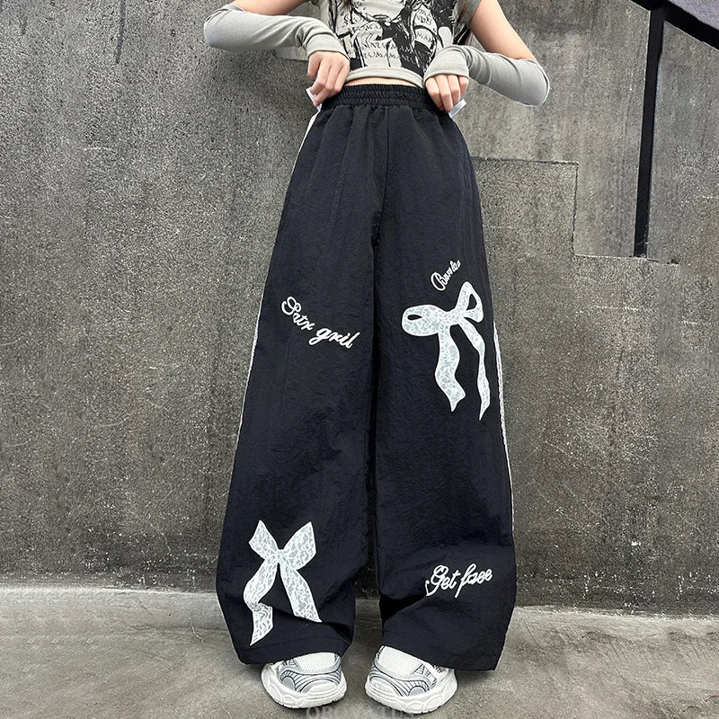 Children Black Casual Pants With Lace Bow For Girls Spring Fashion Lace Tousers Kids Loose Casual Wide Leg Sweatpants Streetwear