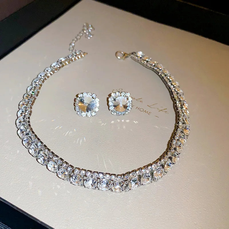 Luxury Green Rhinestone Necklace Stud Earrings For Women Crystal Choker Necklaces Ladies Fashion Weddings Banquet Jewelry Set K