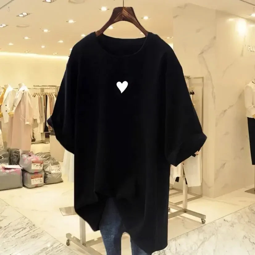Plus Size Women Casual Loose Pure Top Tees Basic Solid Short Sleeve Pullovers Summer Love Printed Short Sleeve Vintage Tee Shirt