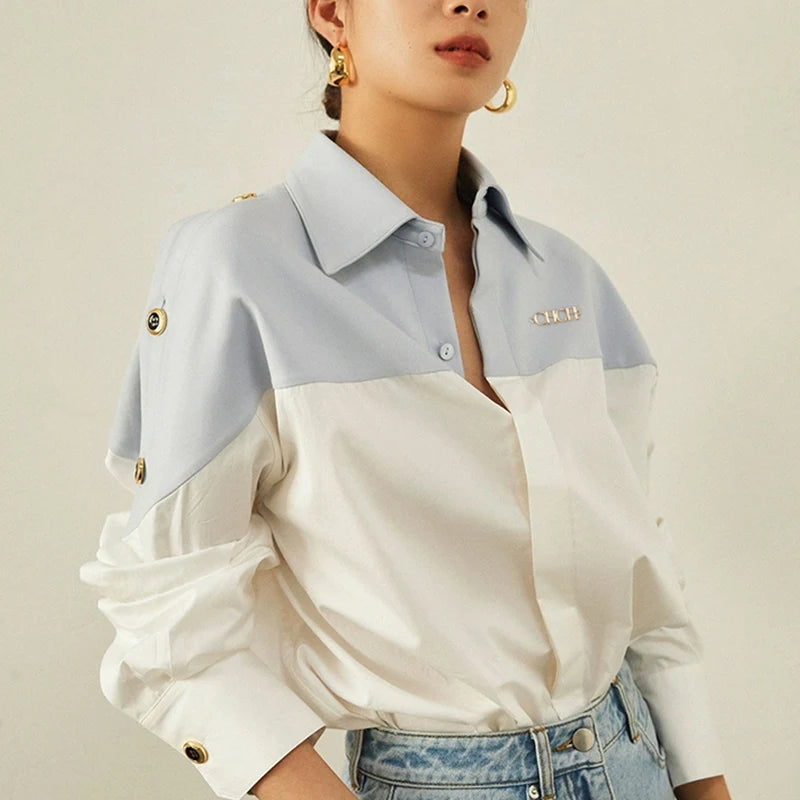 CHCH Women's Shirt 2025 New High Quality Splicing Color Contrasting Long Sleeve Business Shirt Commuter Women's Wear