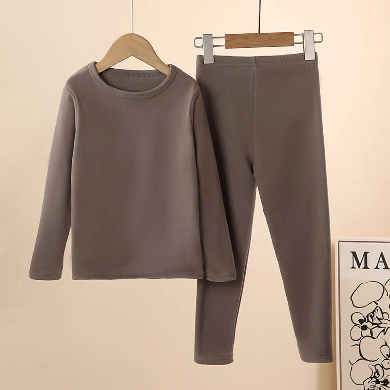 Children's solid color warm suit boys and girls grinding wool autumn clothes and trousers 2-piece home clothes plus size