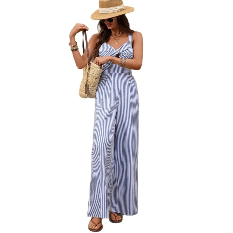 2026 new women's jumpsuit with elegant striped suspender comfortable hollow out fashionabl ev-neck sweet and versatile jumpsuit