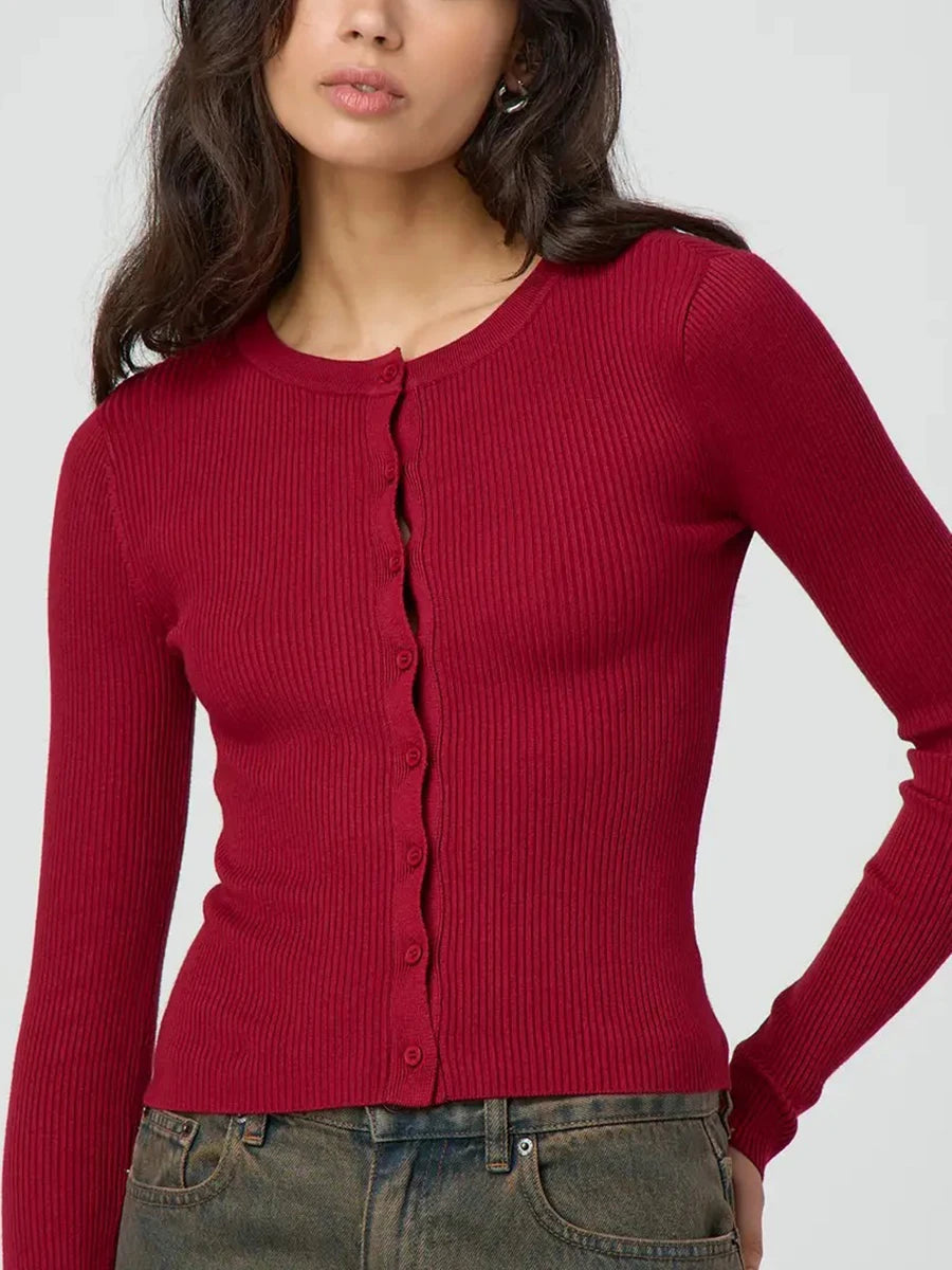 Women's Ribbed Cardigan Tops Spring Fall Solid Color Long Sleeve Round Neck Button Up Cropped Sweaters Female Casual Pullovers
