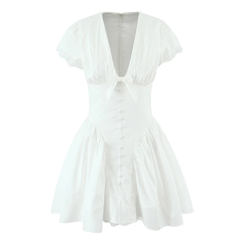 YENKYE Sweet Cute White Mini Dress For Pretty Girl Elegant A-line Bow V Neck Summer Dresses Party Robe Vacation Vestidos 2025