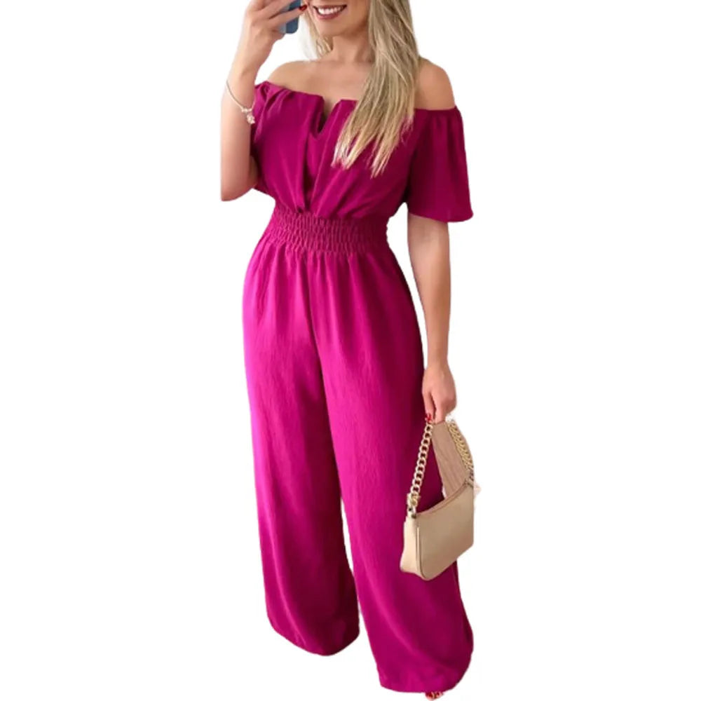 2026 Jumpsuits for Women Summer Fashion Off Shoulder Casual Short Sleeve Wide Leg Rompers Sexy Slim Ladies Overalls Streetwear
