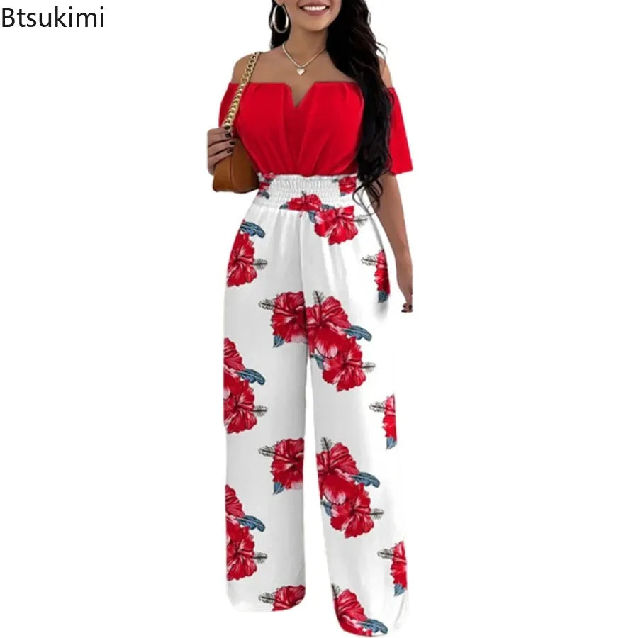 2026 Jumpsuits for Women Summer Fashion Off Shoulder Casual Short Sleeve Wide Leg Rompers Sexy Slim Ladies Overalls Streetwear