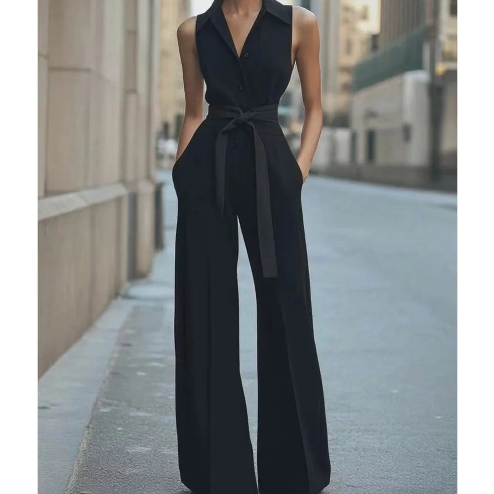 Women's Jumpsuit Solid Color Fashionable High-waisted Single-breasted Waisted Casual Commuting Workplace Business Sexy Rompers