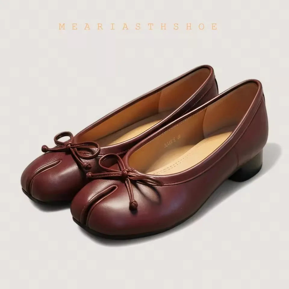 Tabi Shoes Ballet Falts Leather Ballerina Shoes For Women Split Toe Flats Tabi Shoes Slip On Soft Bottom Moccasins with Bowknot