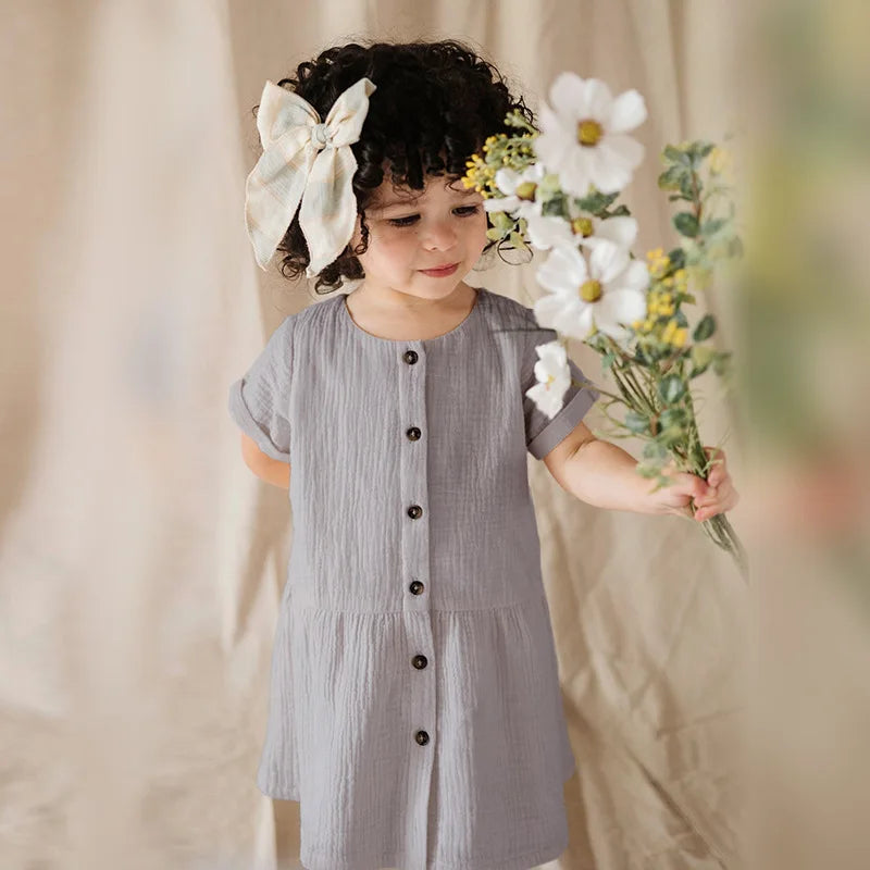 Children's Muslin Gauze Short-Sleeved Dress Summer New Solid Color Collision Buttons Girls Round Neck 100% Cotton A-Line Dresses