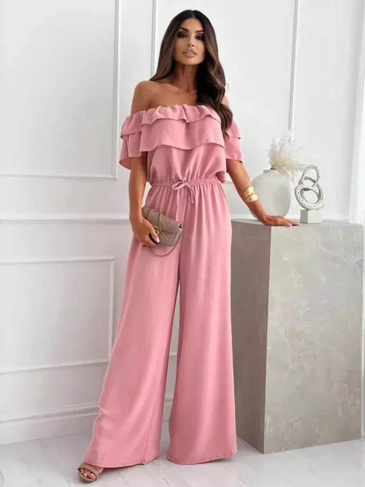 Summer Off-Shoulder Jumpsuit for Women Short-Sleeved Flounce Slim Fit Elastic Waist Fashionable Casual Jumpsuits