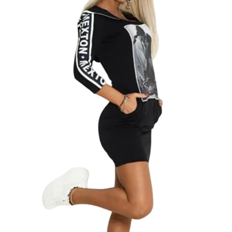 Women's clothes Dresses Trendy Printed Long Sleeves Hooded Mini Dresses Black letter pattern slim casual Dresses