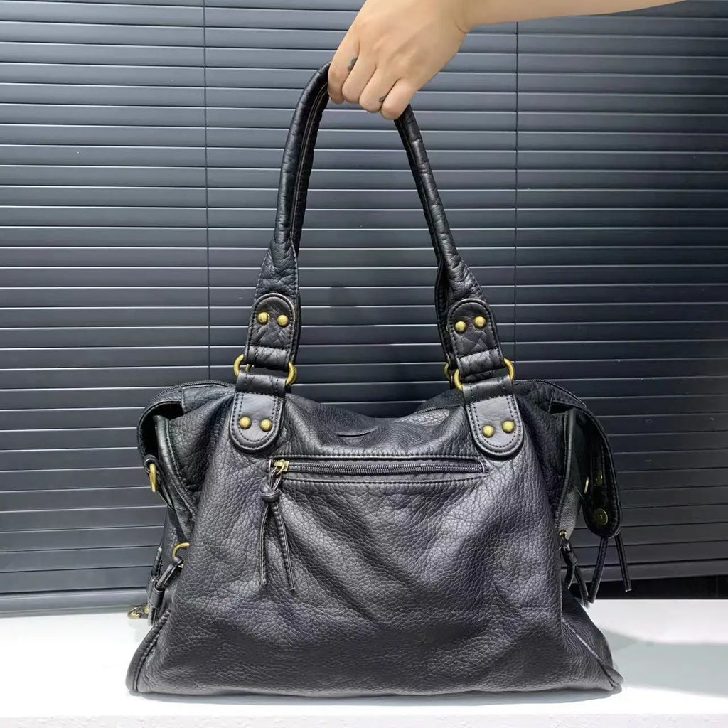 Soft Leather Retro Bag Shoulder Messenger Bag Large Capacity Tote Bag Y2K Motorcycle Bag
