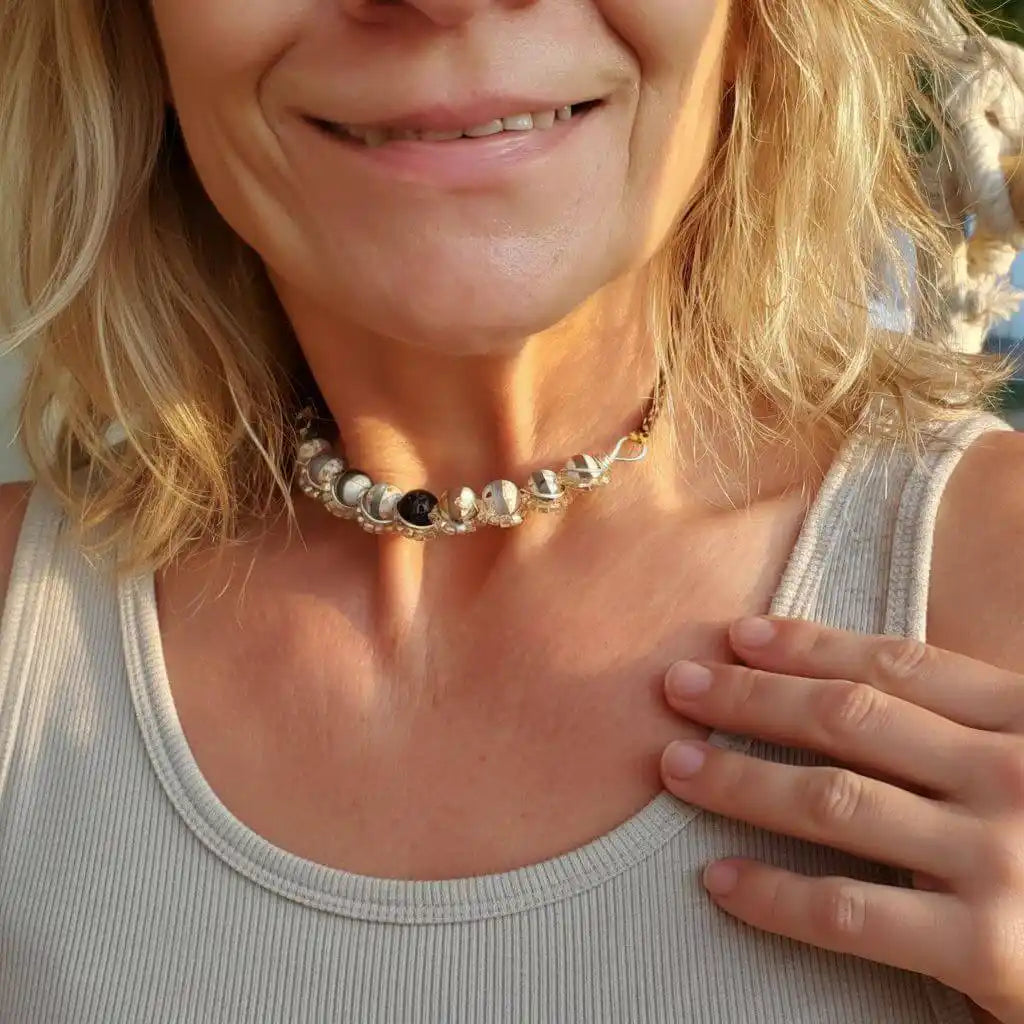 Silver Spiral Twist Wrap Gemstone Lava Rock Macrame Bling Choker