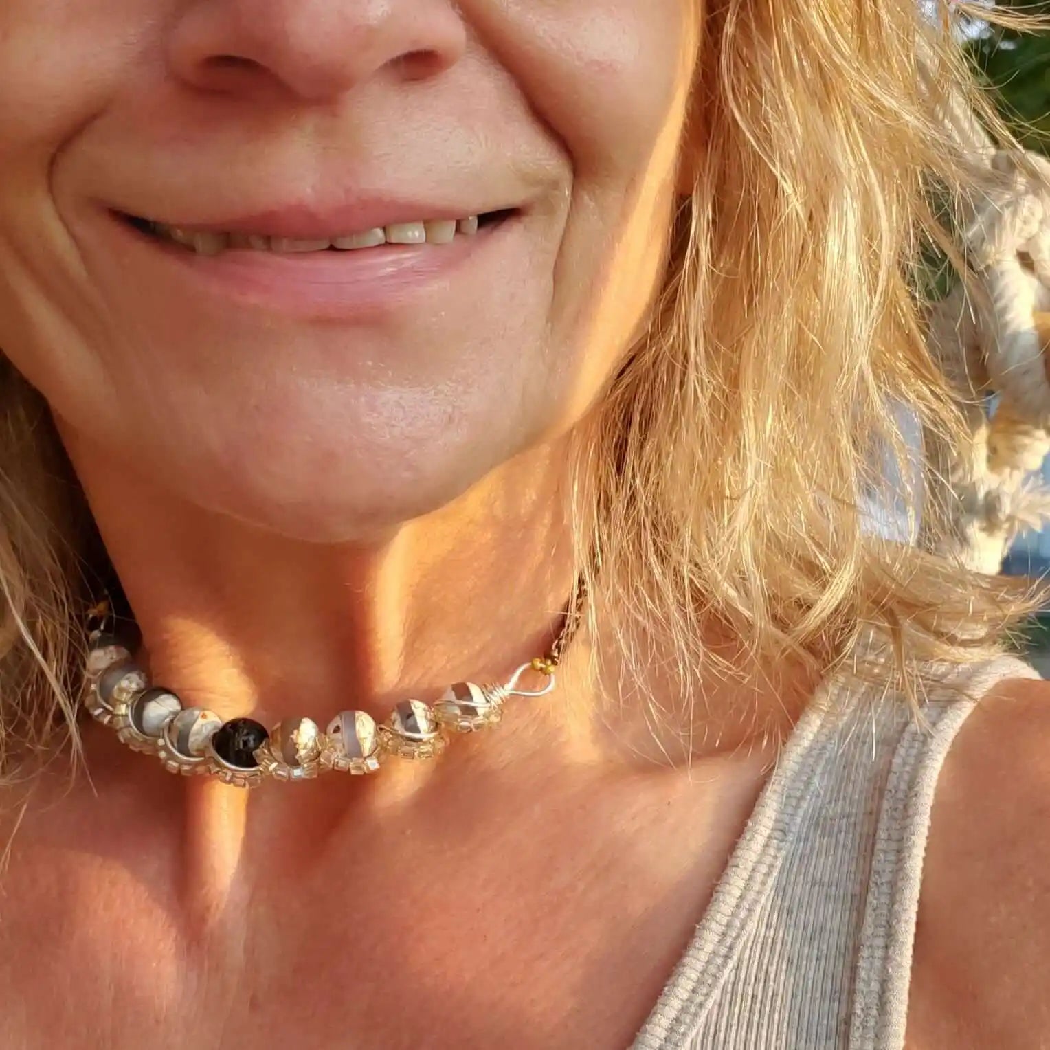 Silver Spiral Twist Wrap Gemstone Lava Rock Macrame Bling Choker