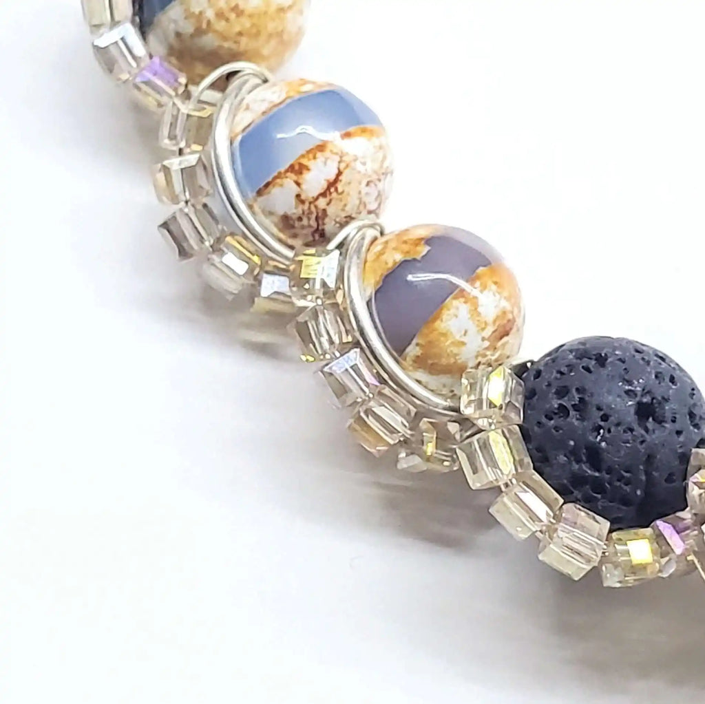 Silver Spiral Twist Wrap Gemstone Lava Rock Macrame Bling Choker