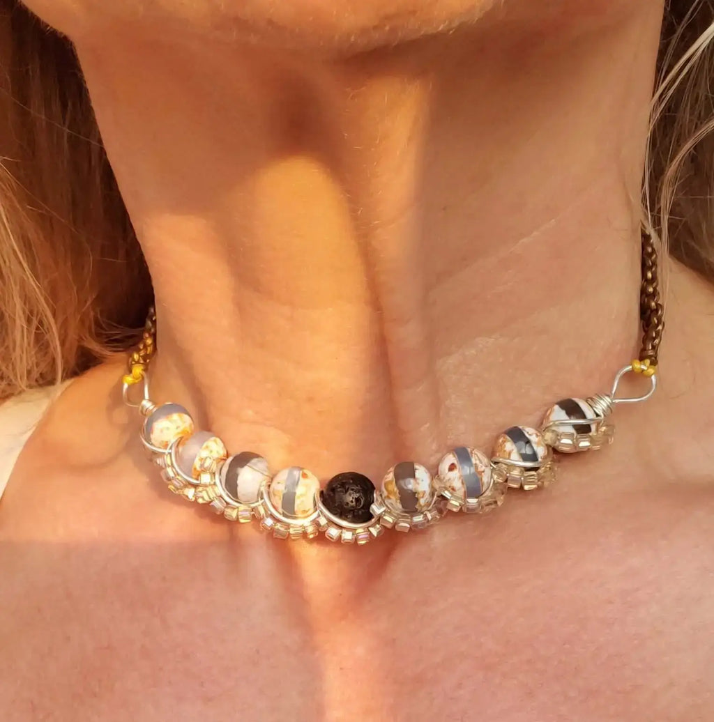 Silver Spiral Twist Wrap Gemstone Lava Rock Macrame Bling Choker