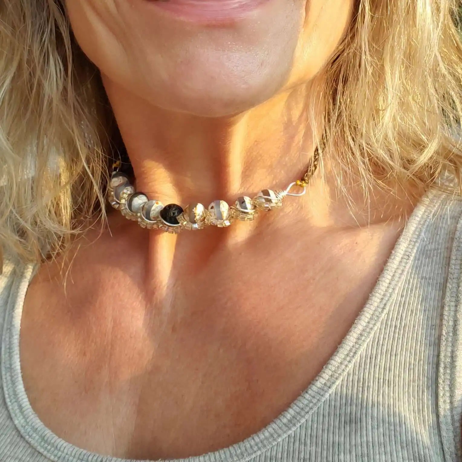 Silver Spiral Twist Wrap Gemstone Lava Rock Macrame Bling Choker
