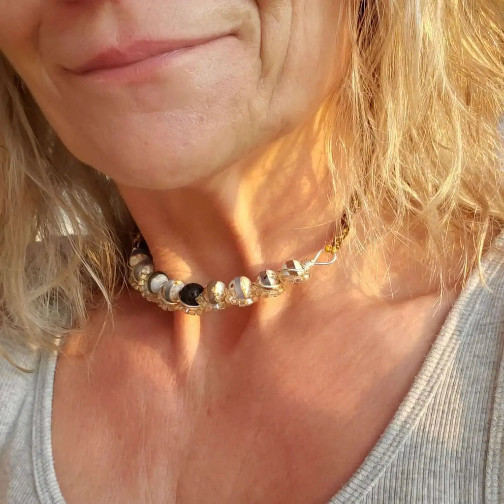 Silver Spiral Twist Wrap Gemstone Lava Rock Macrame Bling Choker