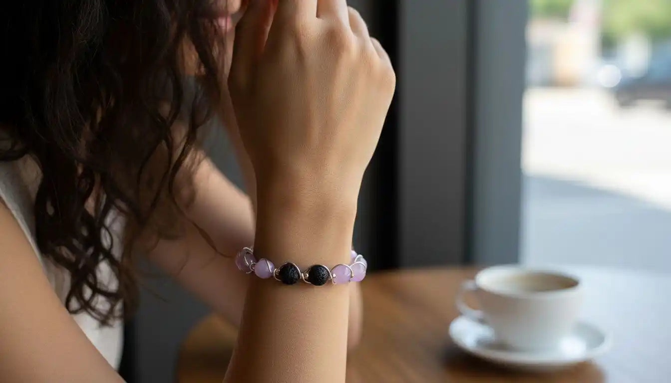 Silver Spiral Twist Wrap Purple Lava Rock Bangle Bracelet