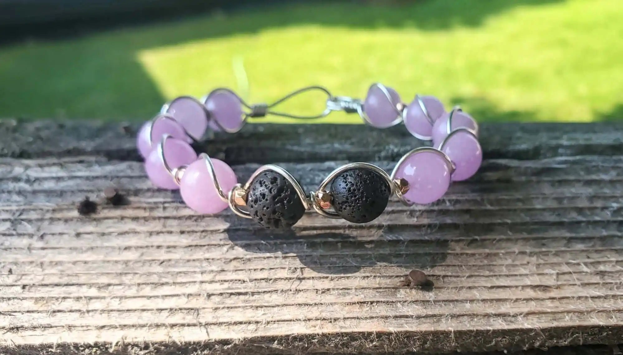 Silver Spiral Twist Wrap Purple Lava Rock Bangle Bracelet