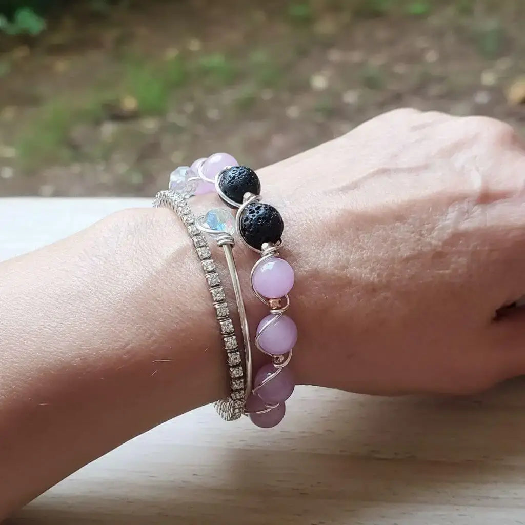 Silver Spiral Twist Wrap Purple Lava Rock Bangle Bracelet