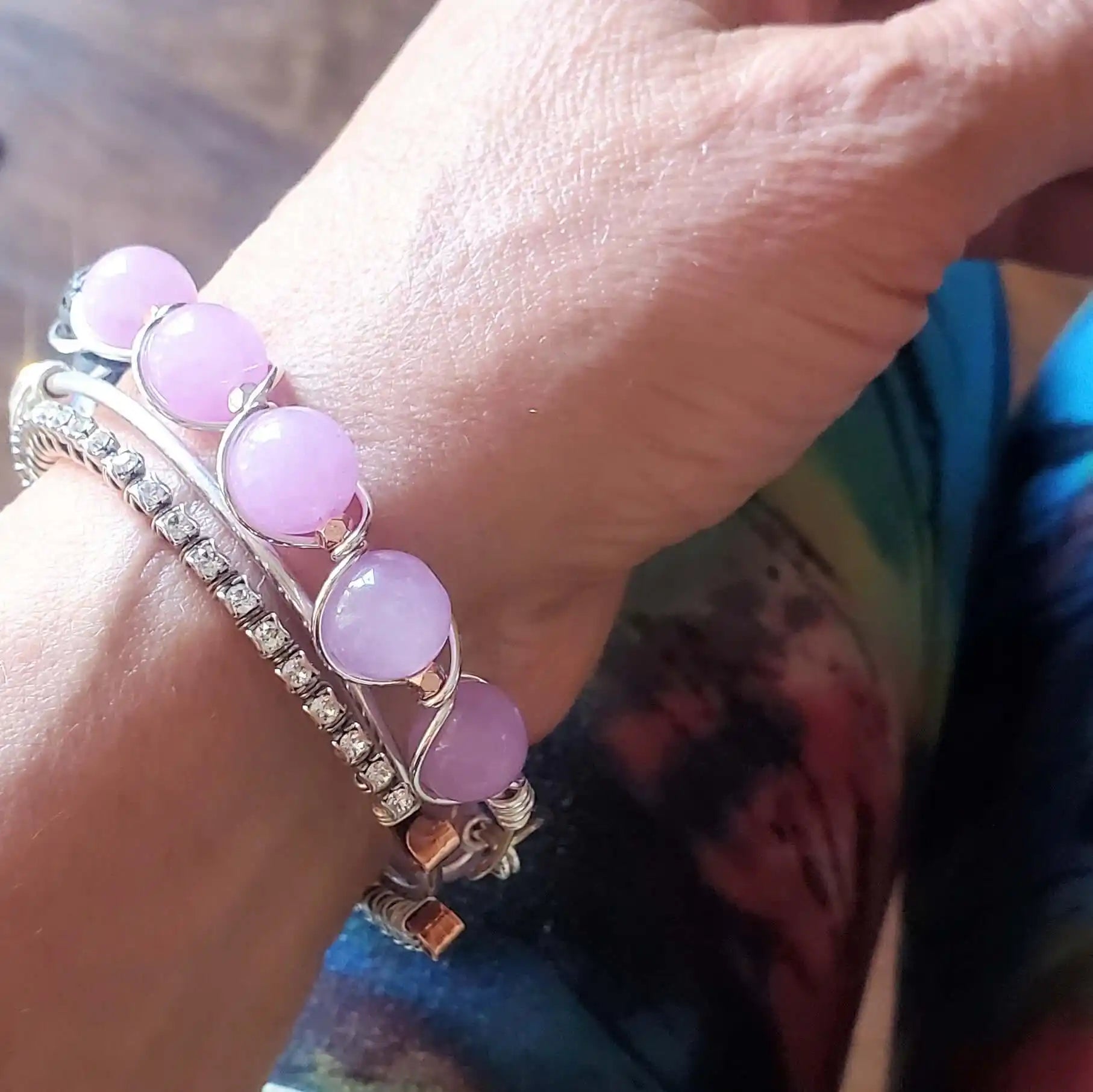 Silver Spiral Twist Wrap Purple Lava Rock Bangle Bracelet