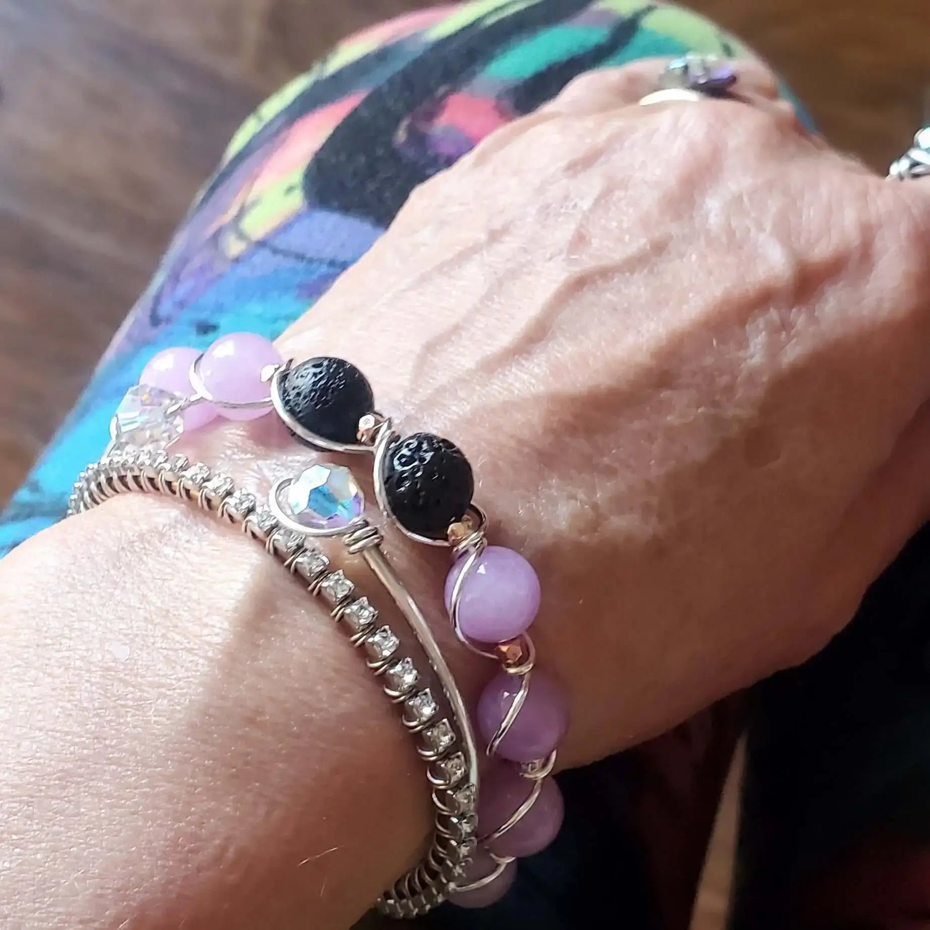 Silver Spiral Twist Wrap Purple Lava Rock Bangle Bracelet