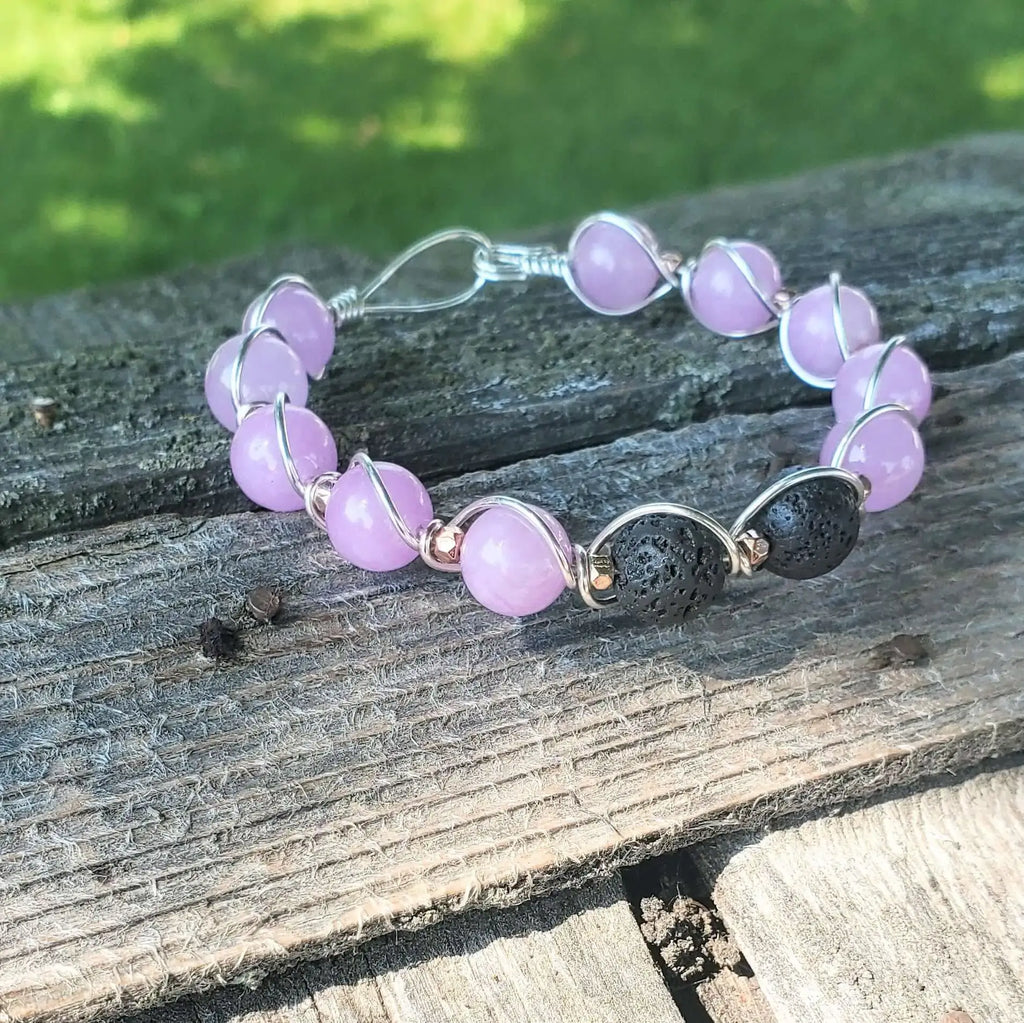 Silver Spiral Twist Wrap Purple Lava Rock Bangle Bracelet