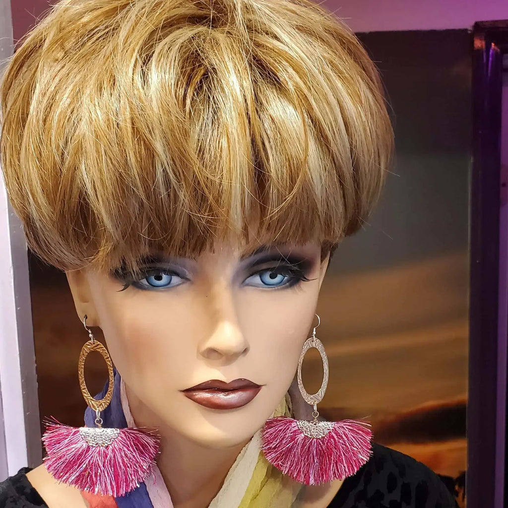 Long Copper Embossed Pink and Purple Silk Tassel Earrings