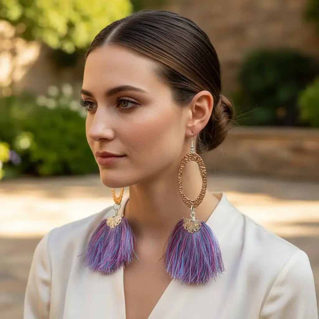 Long Copper Embossed Pink and Purple Silk Tassel Earrings