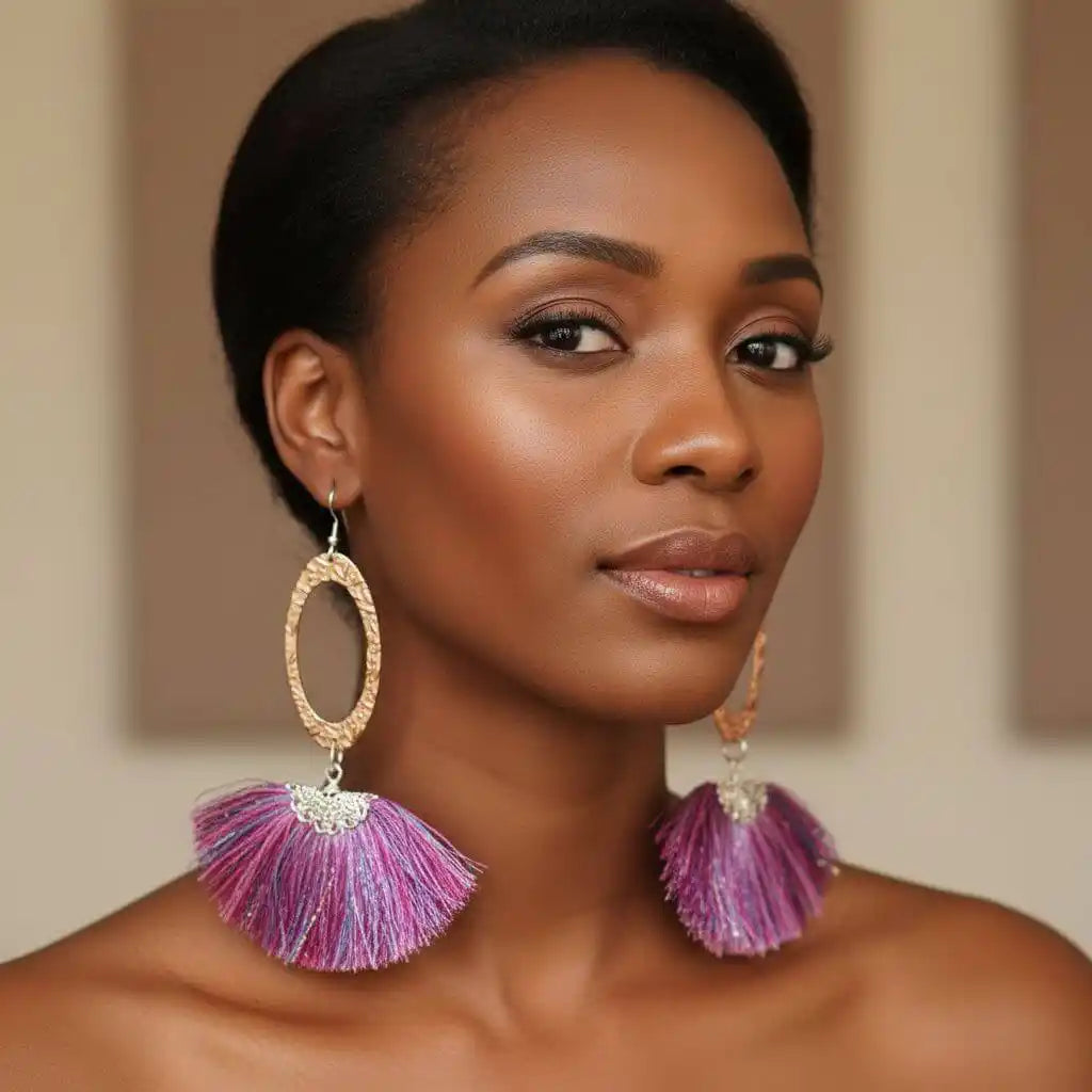 Long Copper Embossed Pink and Purple Silk Tassel Earrings