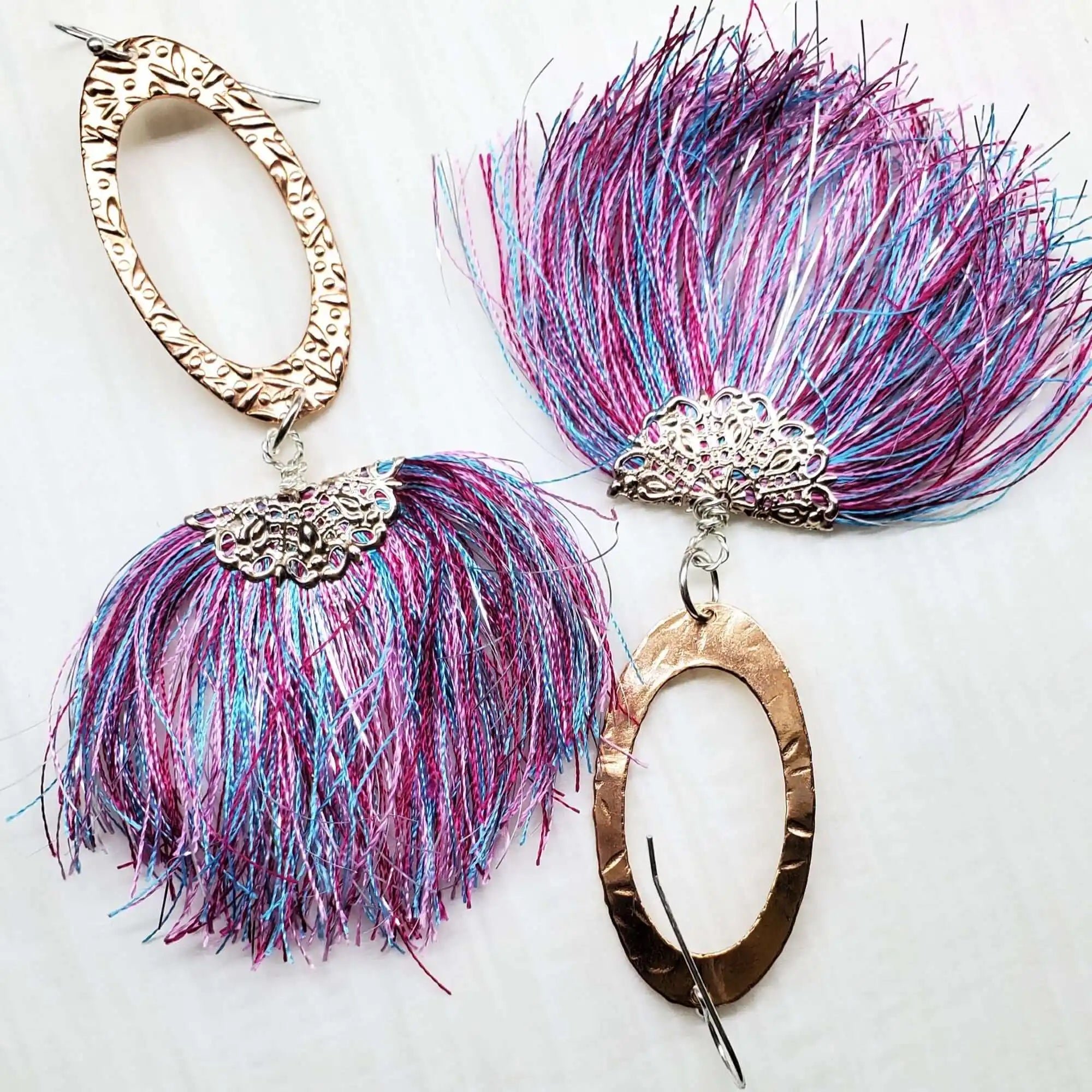 Long Copper Embossed Pink and Purple Silk Tassel Earrings