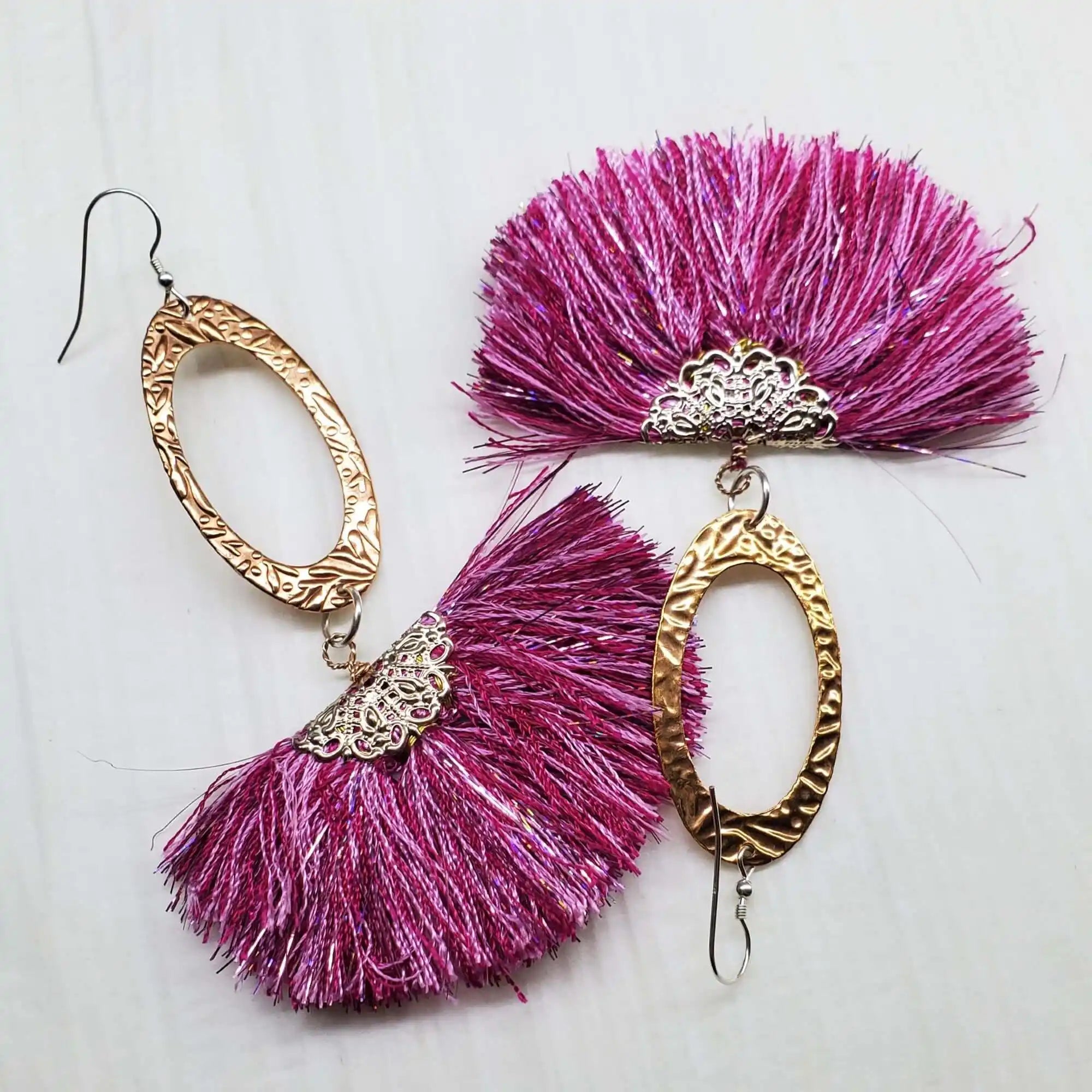 Long Copper Embossed Pink and Purple Silk Tassel Earrings