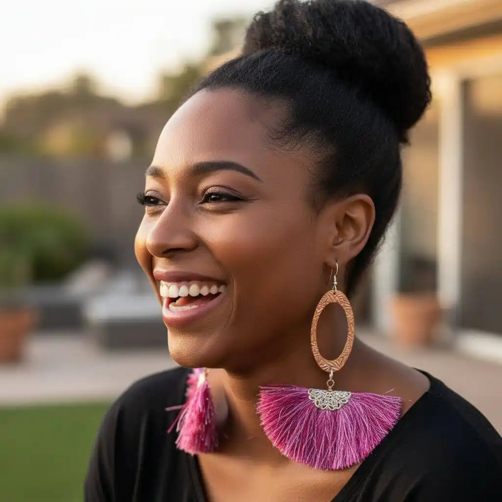 Long Copper Embossed Pink and Purple Silk Tassel Earrings