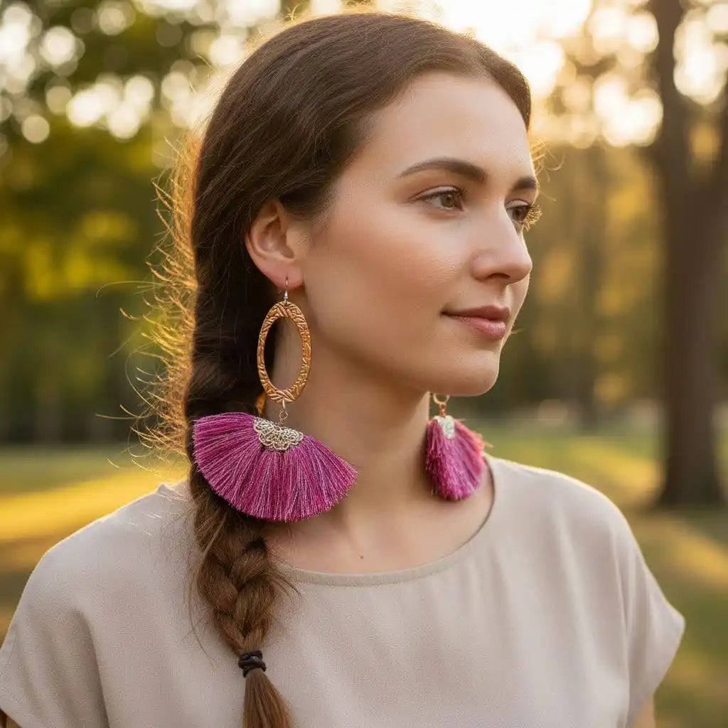 Long Copper Embossed Pink and Purple Silk Tassel Earrings