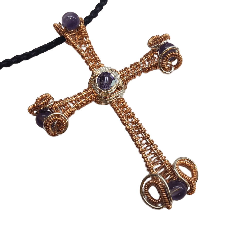 Large Wire Woven Copper Silver Amethyst Cross Necklace