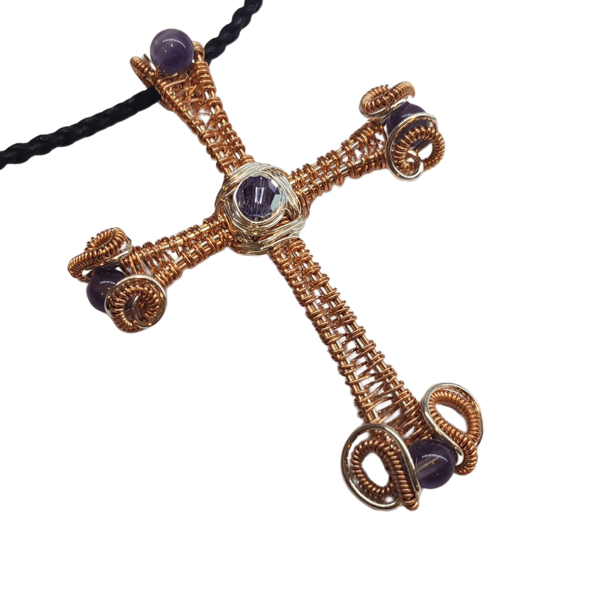 Large Wire Woven Copper Silver Amethyst Cross Necklace