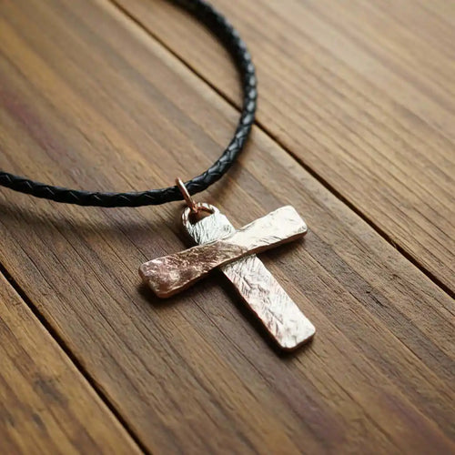 925 Silver Copper Hammer Forged Masculine Cross Necklace