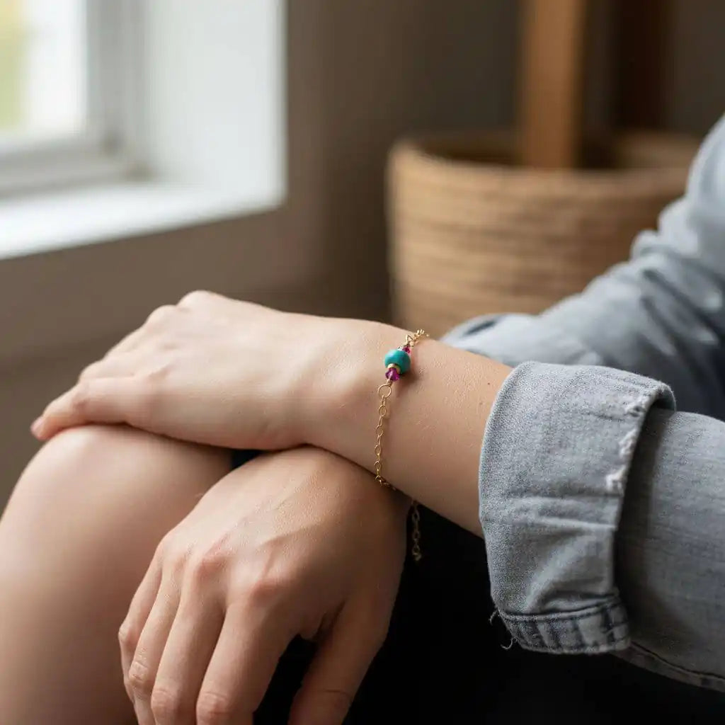 14K Gold Filled Pink and Turquoise Gemstone Dainty Bracelet